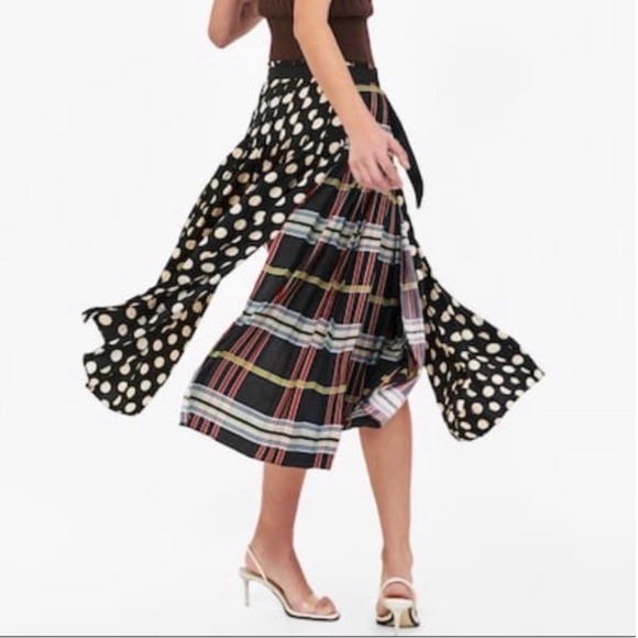 Zara Woman Mixed Print Pleated Midi Skirt Plaid Polka Dot Floral Black Red M - Picture 3 of 16
